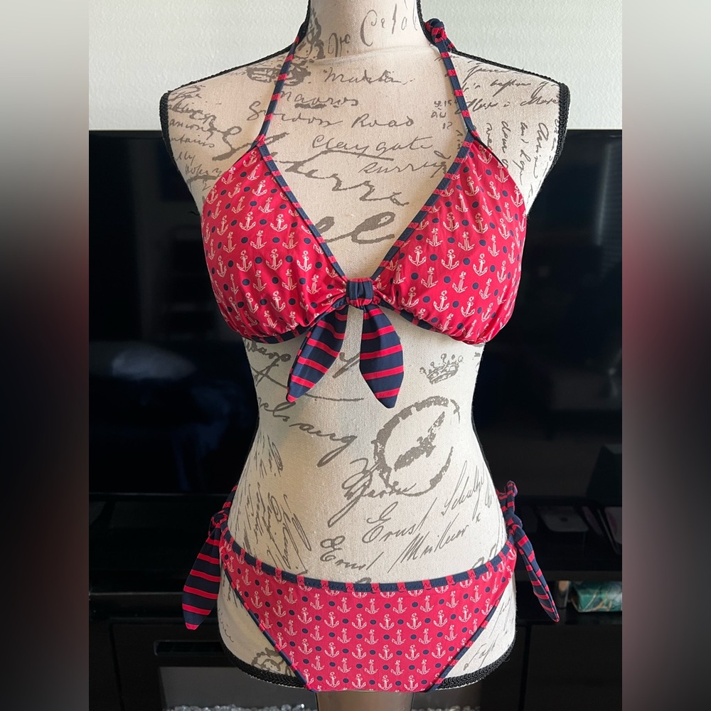 Sperry Navy and Red Striped Bikini Reversible
